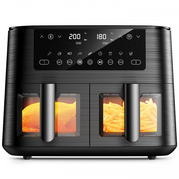 Dual Air Fryer with Visual Window, 9L XL Capacity Double Air Fryers, 2 Drawers, 9-In-1 Cooking Presets, Touch Screen, Smart Finish, Timer Function, Dishwasher-Safe, Healthy Oil Free & Low Fat Cooking